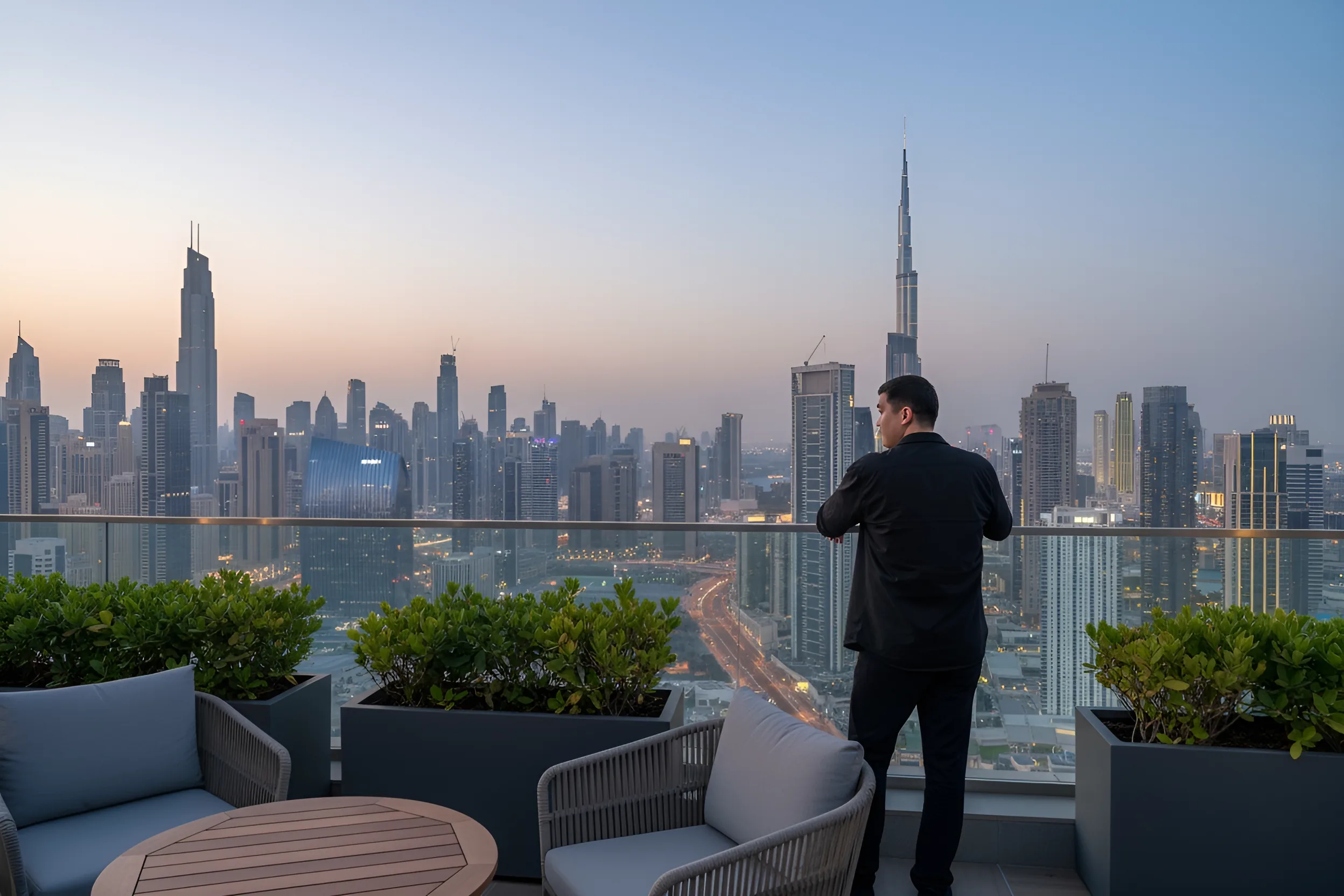 A man on a rooftop terrace at dusk, looking out over a city skyline