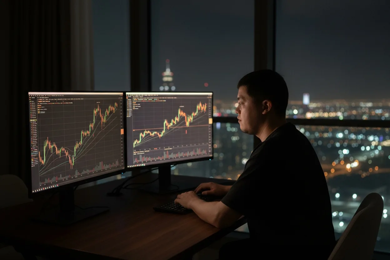 Said at his desk at night, XAUUSD charts on two monitors, the Dubai skyline behind the window
